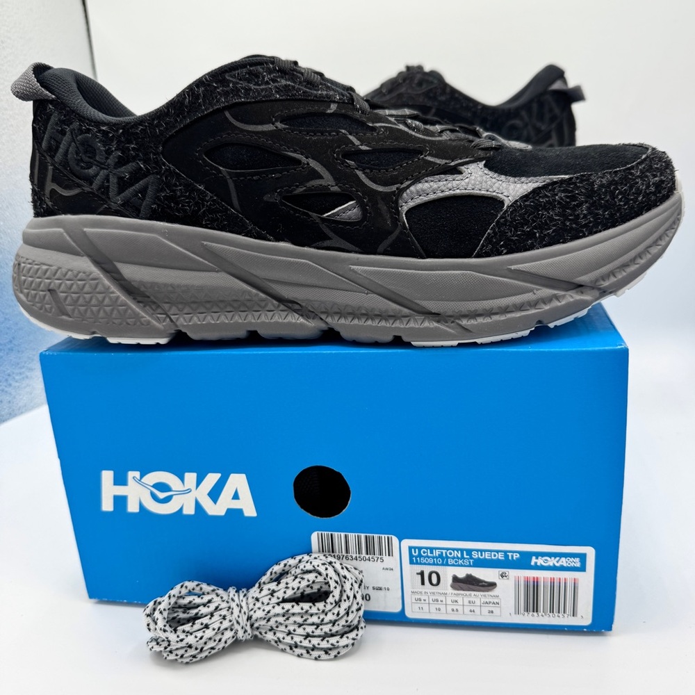 NWT Hoka Clifton Elite Terrain System L Suede Leather Black Grey Unisex Sneakers - Picture 6 of 16